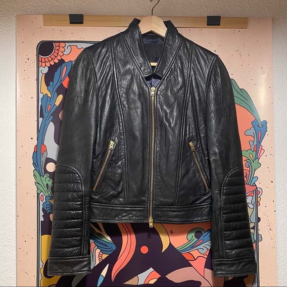 J. Crew Collection Standing Collar Leather Jacket, Black - 6